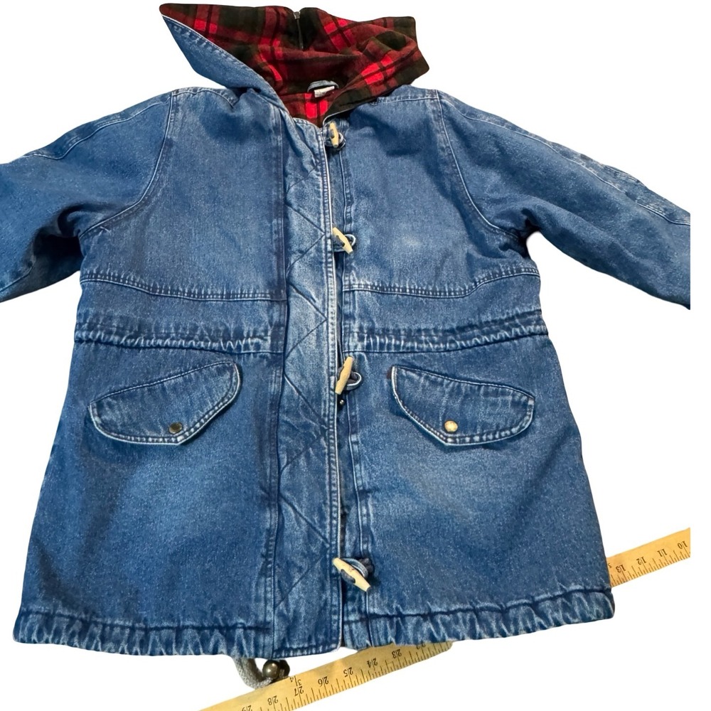 Outbrook Denim Parka Jacket Womens Large Blue Plaid Hooded Toggle & Zip Vtg 90s